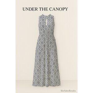 Under the Canopy Silk Maxi Dress Blue White Boho Print Sleeveless Keyhole Lined